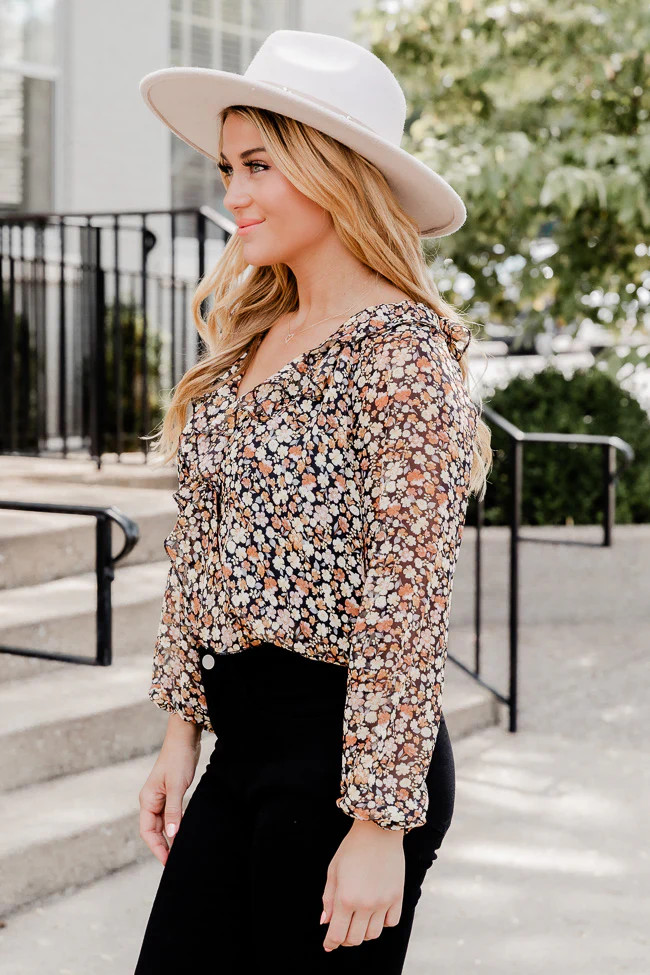 Whenever You're Free Black Ruffle Detail Floral Bodysuit | Pink Lily