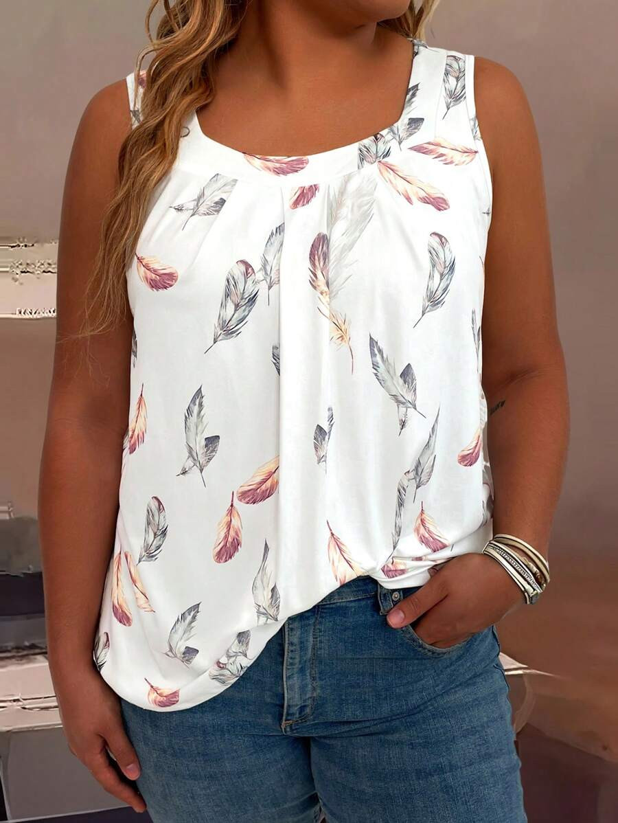 Plus Size Women's Feather Print Round Neck Pleated Loose Tank Top For Summer Graphic Tees Women T... | SHEIN