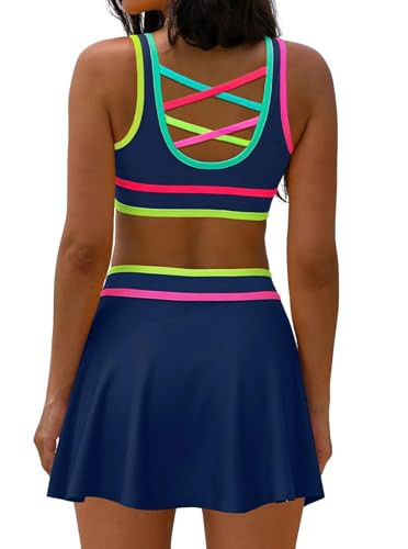 popvil 3 Piece Swimsuits Womens High Waisted Bikini Sets Neon Tummy Control Full Coverage Modest Bathing Suit with Skirt 2026 Summer Beach Navy Blue Medium | Amazon (US)