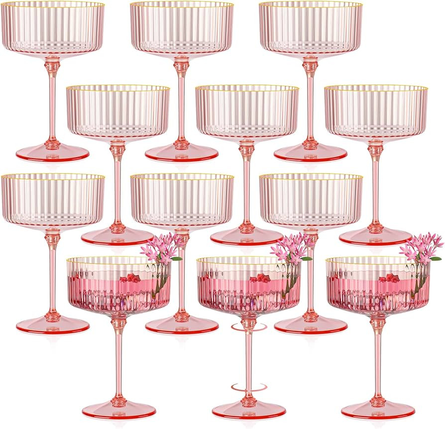 12 PCS Ribbed Coupe Glasses Pink Plastic Champagne Coupe Cup 10oz Detachable Gold Rim Espresso Ma... | Amazon (US)