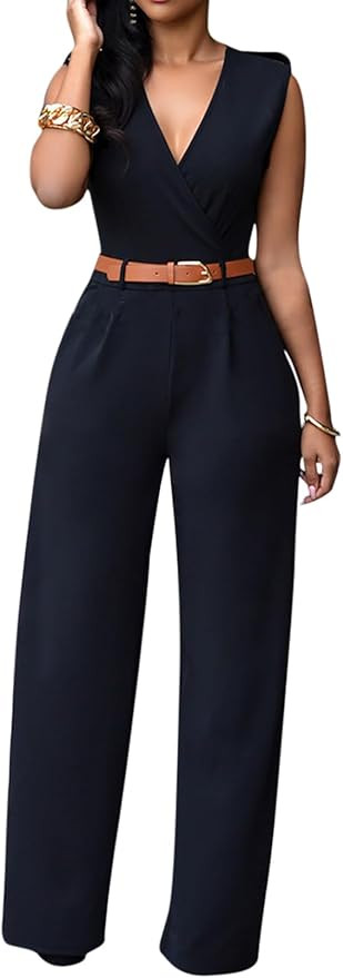 Pink Queen Jumpsuits for Women Dressy V Neck Sleeveless Wide Leg Long Pant Rompers Business Casua... | Amazon (US)