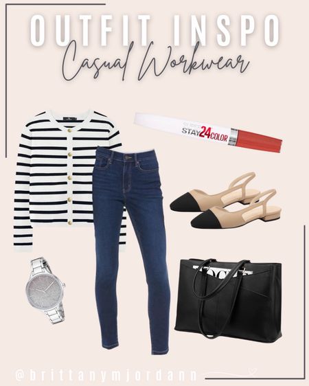 Casual workwear outfit inspo from Amazon.

Amazon finds. Striped cardigan. Skinny jeans. Rounded two tone strapped flats. Sling back ballet flats. Dress shoes. Red lipstick. Computer work bag. Silver watch.  What to wear to work. 

#LTKworkwear #LTKstyletip #LTKfindsunder100