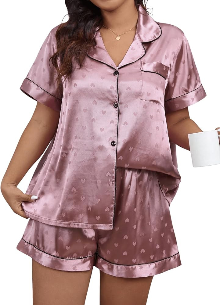 WDIRARA Women's Plus Size Satin Pj Set Short Sleeve Button Down Pajamas with Shorts Sleepwear | Amazon (US)