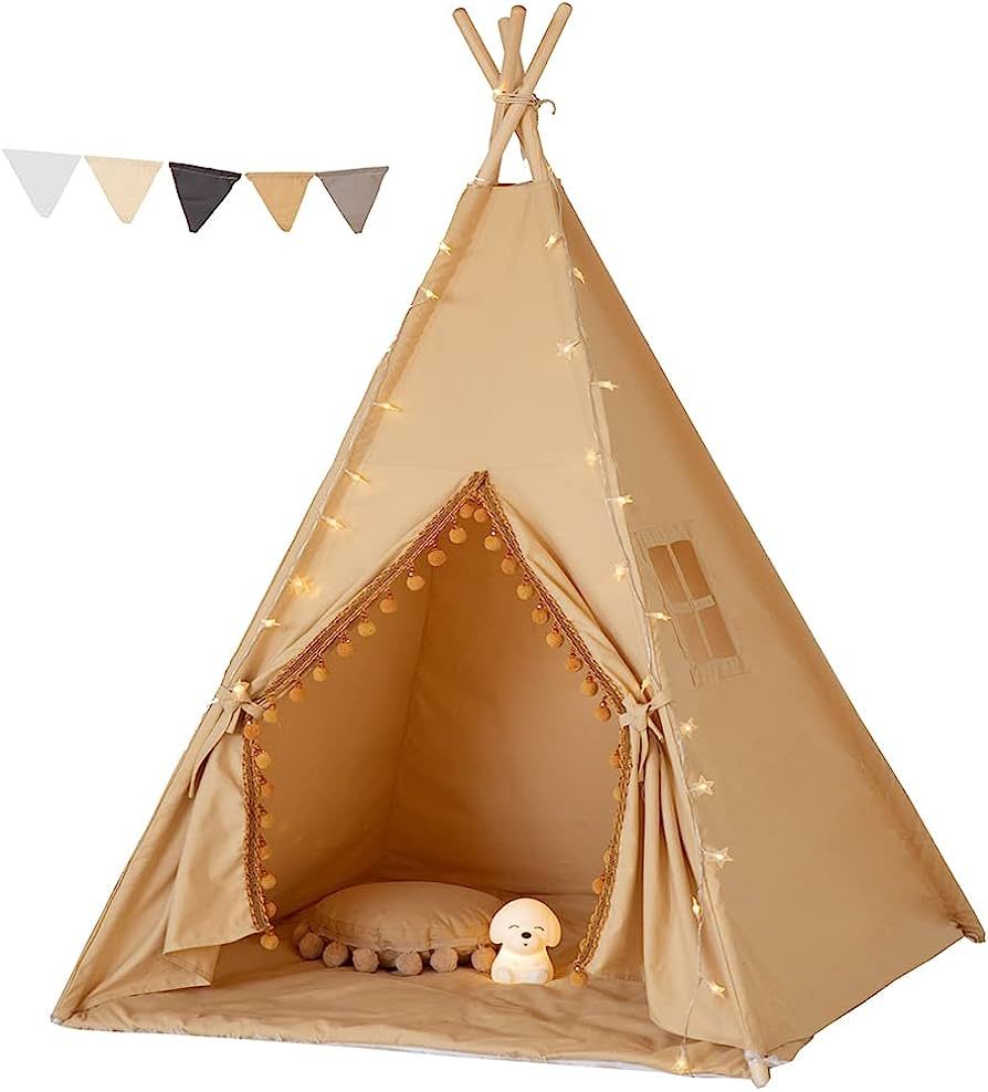 RONGFA Kids Teepee Tent with White Pom Pom - Indoor Play Teepee for Children Boys Portable Play H... | Amazon (US)