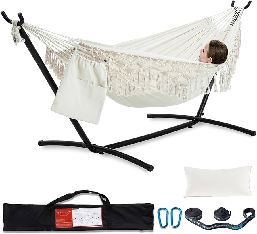 PNAEUT Handmade Tassel Hammocks, Double Hammock with Stand for Outside, Max 450 lbs Capacity, Tre... | Amazon (US)