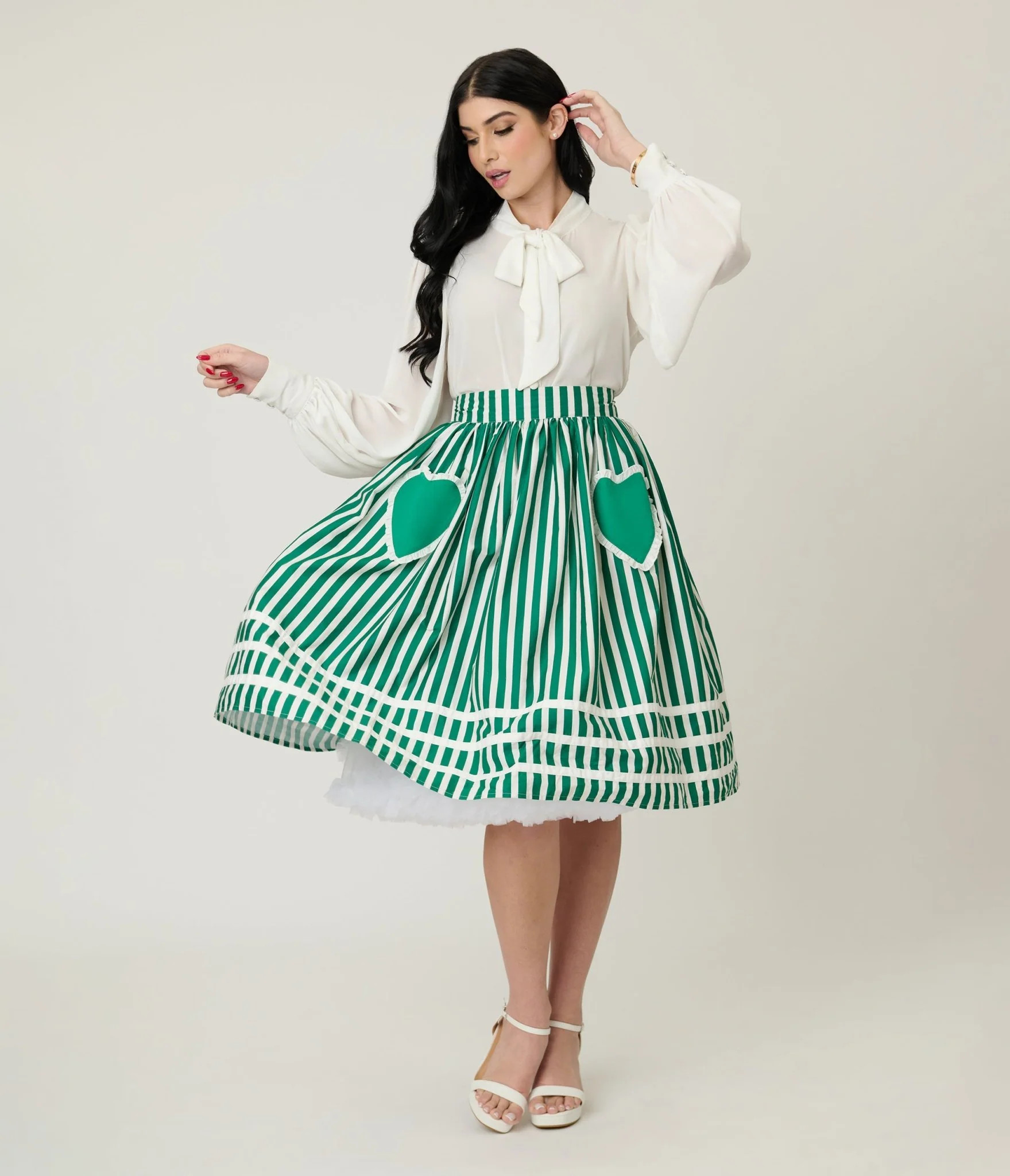 Unique Vintage Green & White Stripe Heart Pocket Swing Skirt | Unique Vintage - North America