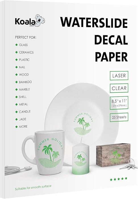 Koala Waterslide Decal Paper for Laser Printer - Clear Transparent - 25 Sheets Printable Water Sl... | Amazon (US)