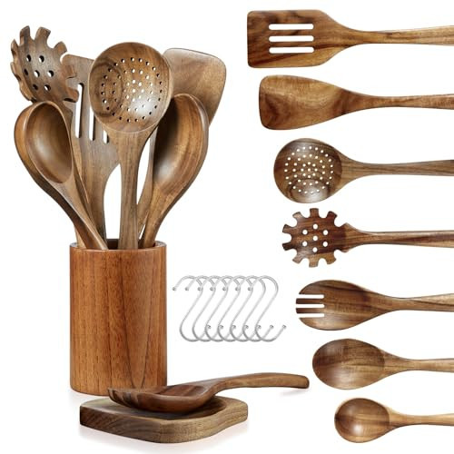 LSFCHUJU Wooden Spoons for Cooking - 10 Piece Natural Teak Wood Kitchen Utensil Set, Wooden Spoons Set with Holder, Spoon Rest & Hooks, Wooden Spatula Set with 7 metal hooks | Amazon (US)