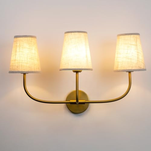 Pathson 3 Lights Brass Wall Sconce Lamps with Linen Fabric Lampshade, Vintage Fabric Bathroom Wall Light Fixtures, E26 Bulb Base Wall Vanity Lighting Decor for Bedroom Living Room | Amazon (US)