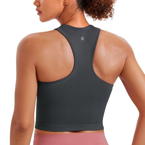 CRZ YOGA Seamless Ribbed High Neck Crop Tank Tops for Women - Longline Racerback Padded Sports Bras Mysterious Grey XX-Small | Amazon (US)