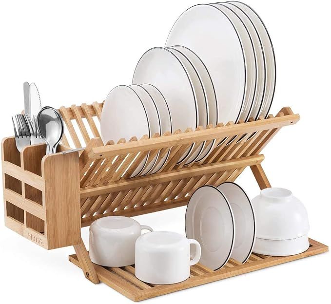 HBlife Bamboo Dish Drying Rack with Utensils Flatware Holder Set Large Folding Drying Holder for ... | Amazon (US)