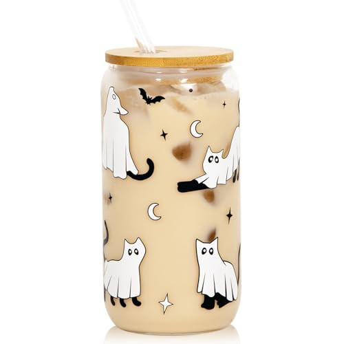 Joyseller Halloween Iced Coffee Can Glass, 18oz Cute Ghost Cat Glass Cup with Lid and Straw, Tumbler Beer Can Glass, Halloween Gifts, Decorations | Amazon (US)