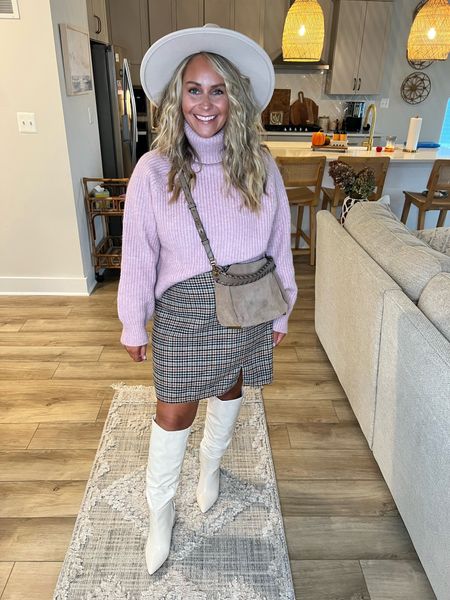 Wearing vs. Styling clothes on a Midsize Body - Old Navy Edition ✨I paired this brown plaid high-waisted mini skirt with a tucked in plum cropped sweater. I added a pair of tall white boots for extra height, a fall hat, and a crossbody bag. The skirt fits TTS. The turtleneck cropped sweater was the perfect fit for my apple-shaped body and torso length. The cropped sweater also comes in multiple colors! 🌈 Perfect fall outfit for a winery day, girls night out or fall family photos!

#wearingvsstyling  #midsizefalloutfits 
 #falloutfits #appleshape #boots styling outfits for fall - boots for fall - size 10 influencer - skirt with sweater - family photos

#LTKfindsunder100 #LTKstyletip #LTKmidsize