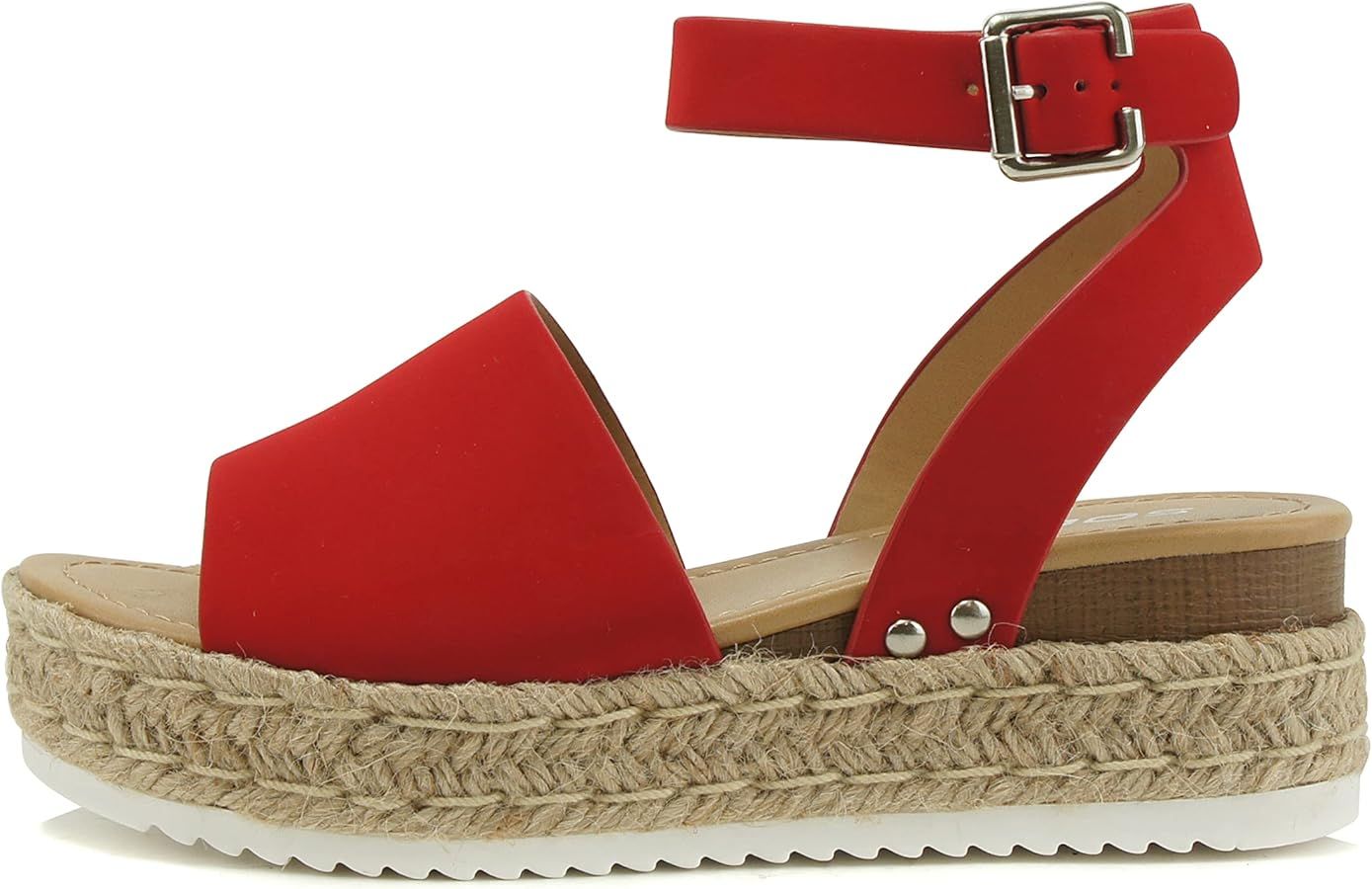 Soda Topic Open Toe Buckle Ankle Strap Espadrilles Flatform Wedge Casual Sandal | Amazon (US)