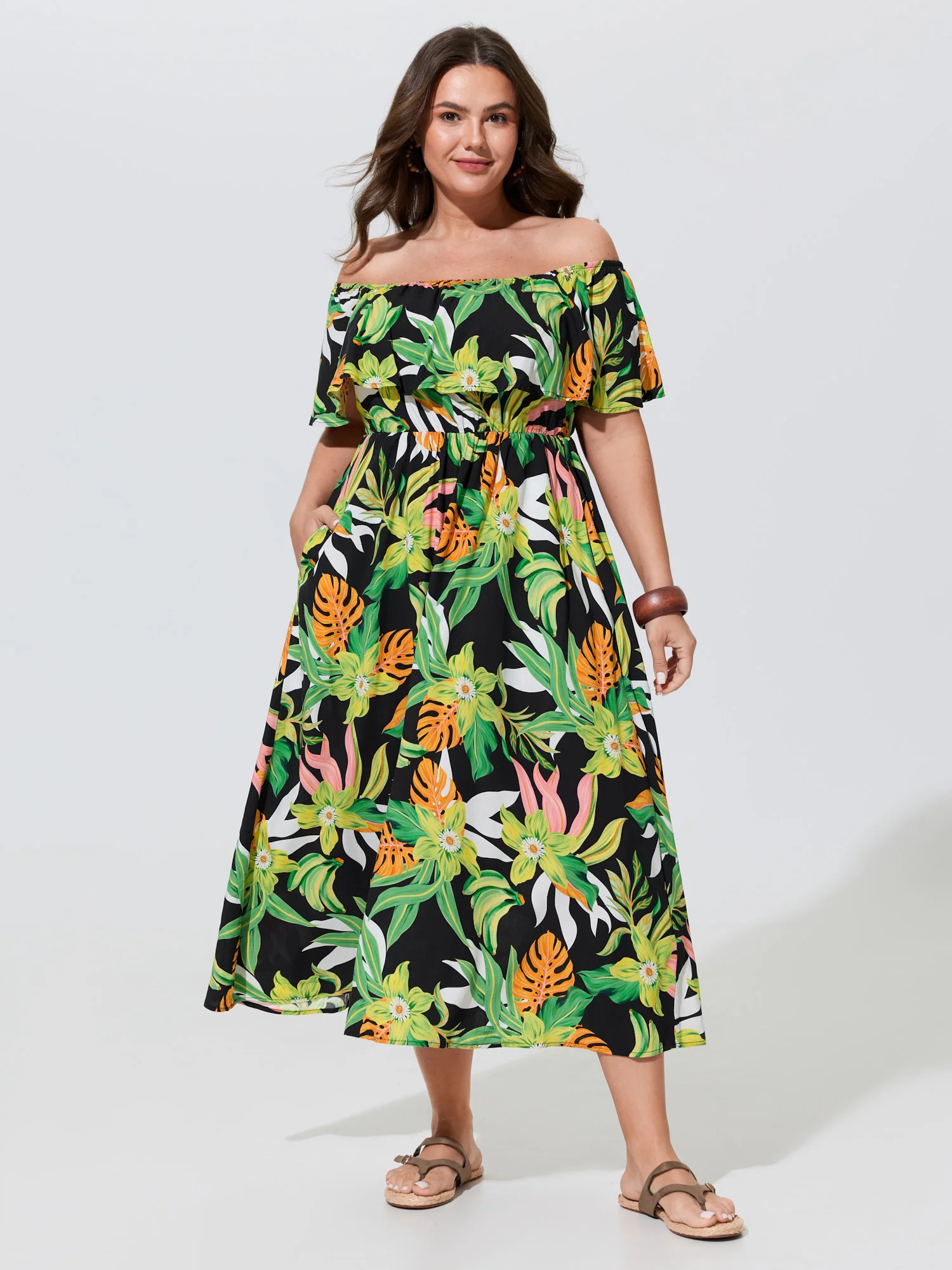 Tropical Print Cold-Shoulder Maxi Dress | Bloomchic