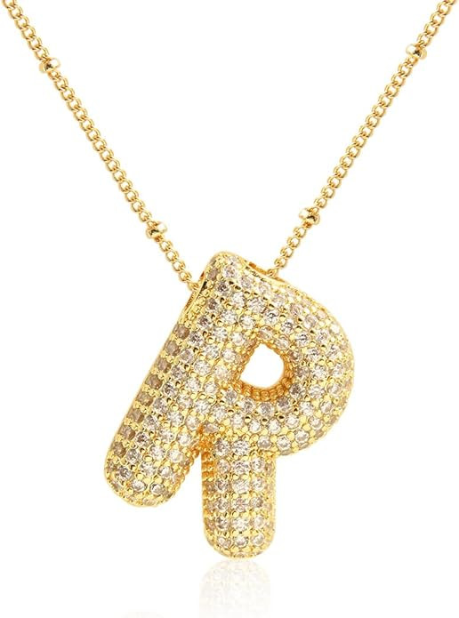 18k Gold Plated Dainty Cubic Zirconia Bubble Alphabet 26 A-Z Letter Necklace, Personalized Monogr... | Amazon (US)