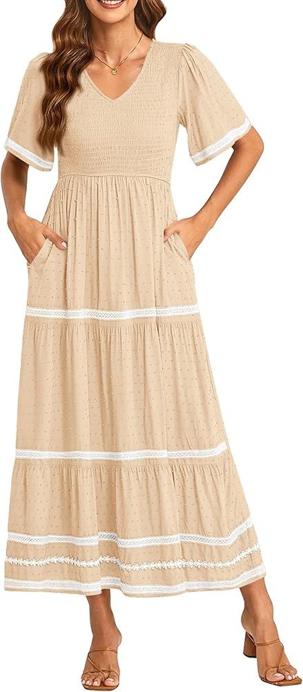 Pretty Garden Womens Casual Summer Maxi Dress Short Sleeve Swiss Dot V Neck Smocked Long Flowy Be... | Amazon (US)