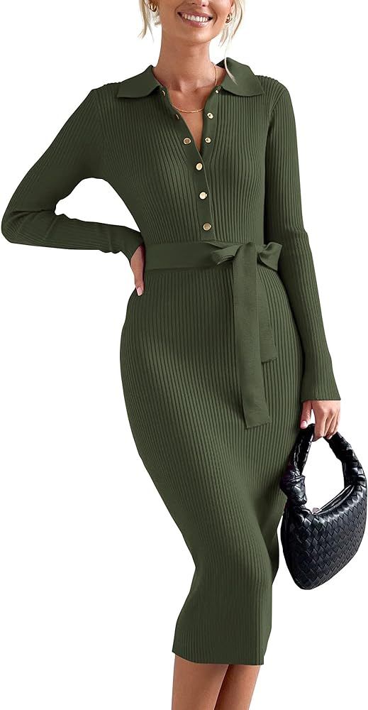 BTFBM 2023 Women V Neck Long Sleeve Bodycon Sweater Dress Button Up Tie Waist Ribbed Knit Midi Pencil Dresses with Belt | Amazon (US)