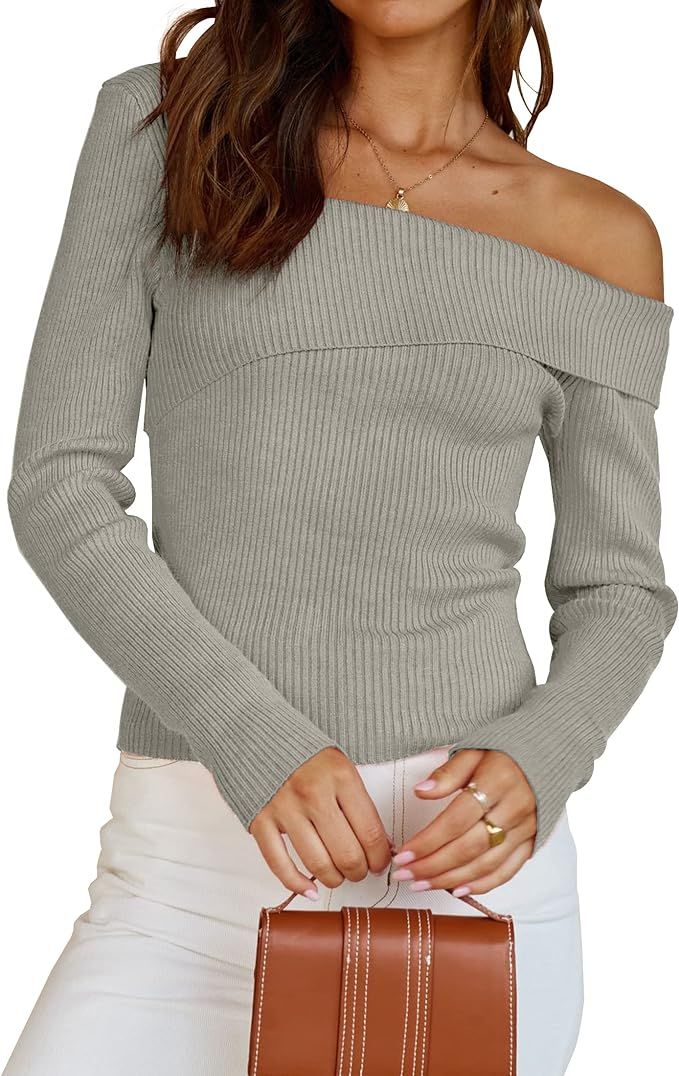 ZESICA Women's Sexy One Shoulder Ribbed Knit Crop Wrap Casual Long Sleeve Solid Sweater Pullover ... | Amazon (US)