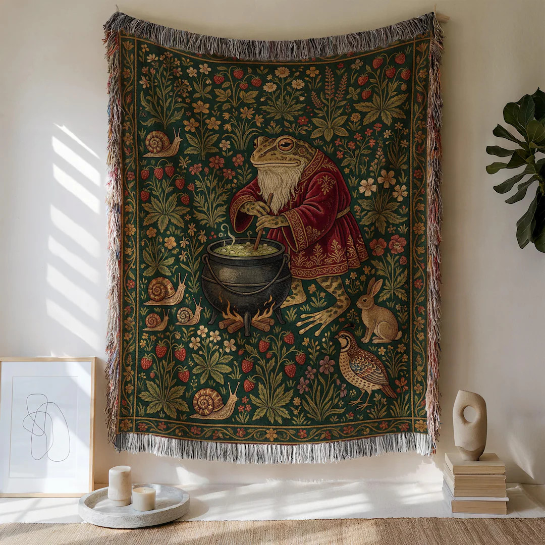 Frog Wizard Blanket, Cottagecore Blanket, Medieval Woven Tapestry | Etsy (US)