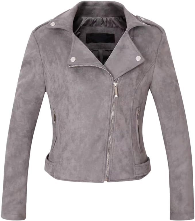 Chartou Women's Stylish Notched Collar Oblique Zip Suede Leather Moto Jacket | Amazon (US)