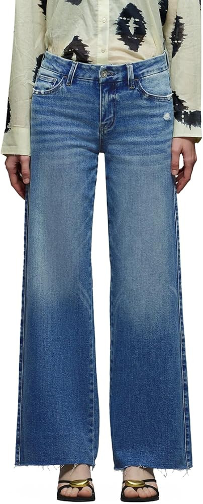 ONESO Wide Leg Jeans for Women Mid Rise BBL Stretchy Baggy Jeans Distressed Pants Loose Denim | Amazon (US)