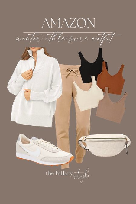 Amazon Winter Athleisure Outfit: A comfortable and cute winter outfit of highly rated Athleisure basics perfect for running errands, kids sports, school pick-up, the gym or lounging at home. Neutral joggers, ribbed tank, oversized sweater, joggers, neutral sneakers, belt bag. #founditonamazon

#LTKfit #LTKstyletip #LTKFind