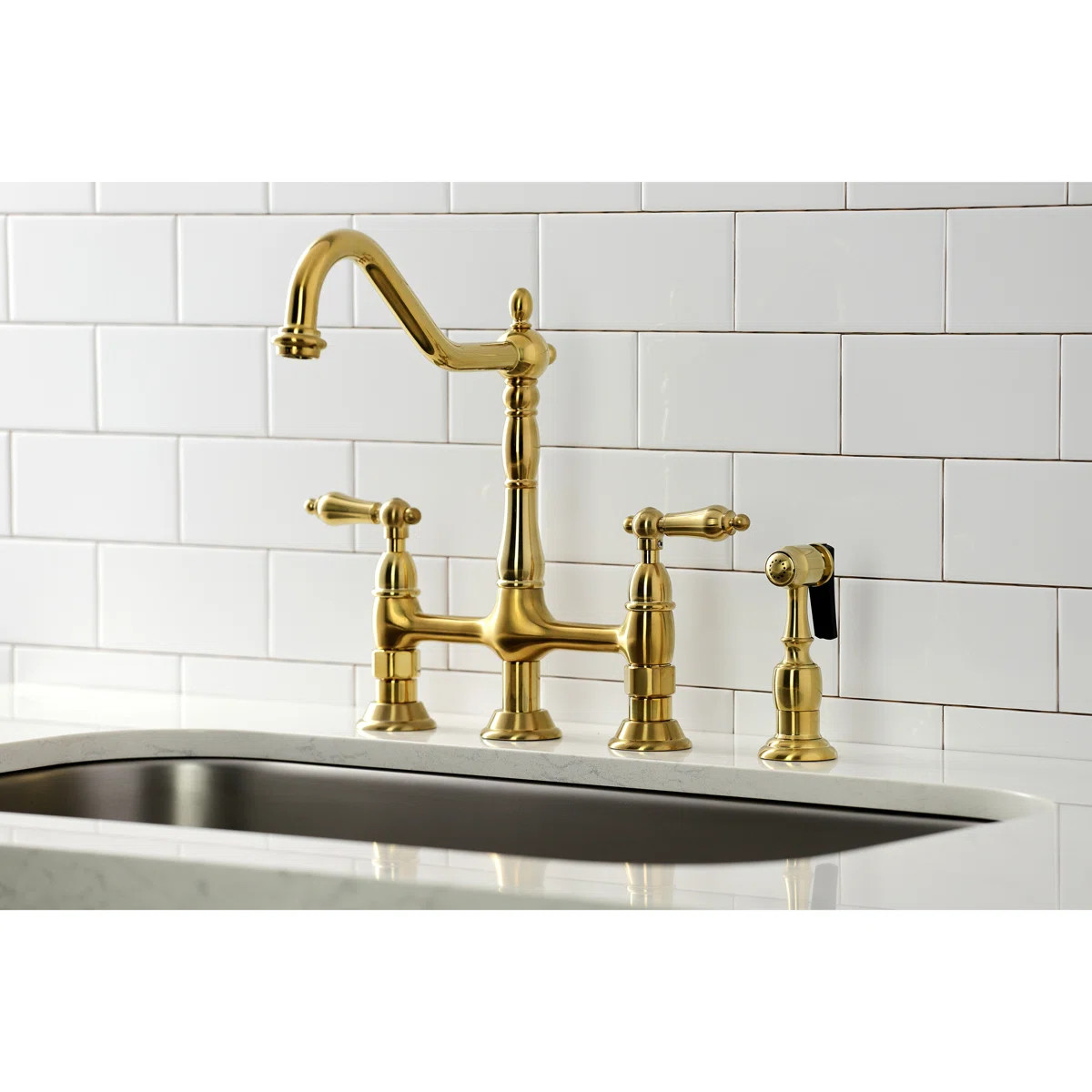 Kingston Brass Heritage Two-Handle 4-Hole Deck Mount Bridge Kitchen Faucet with Brass Side Spraye... | Wayfair North America