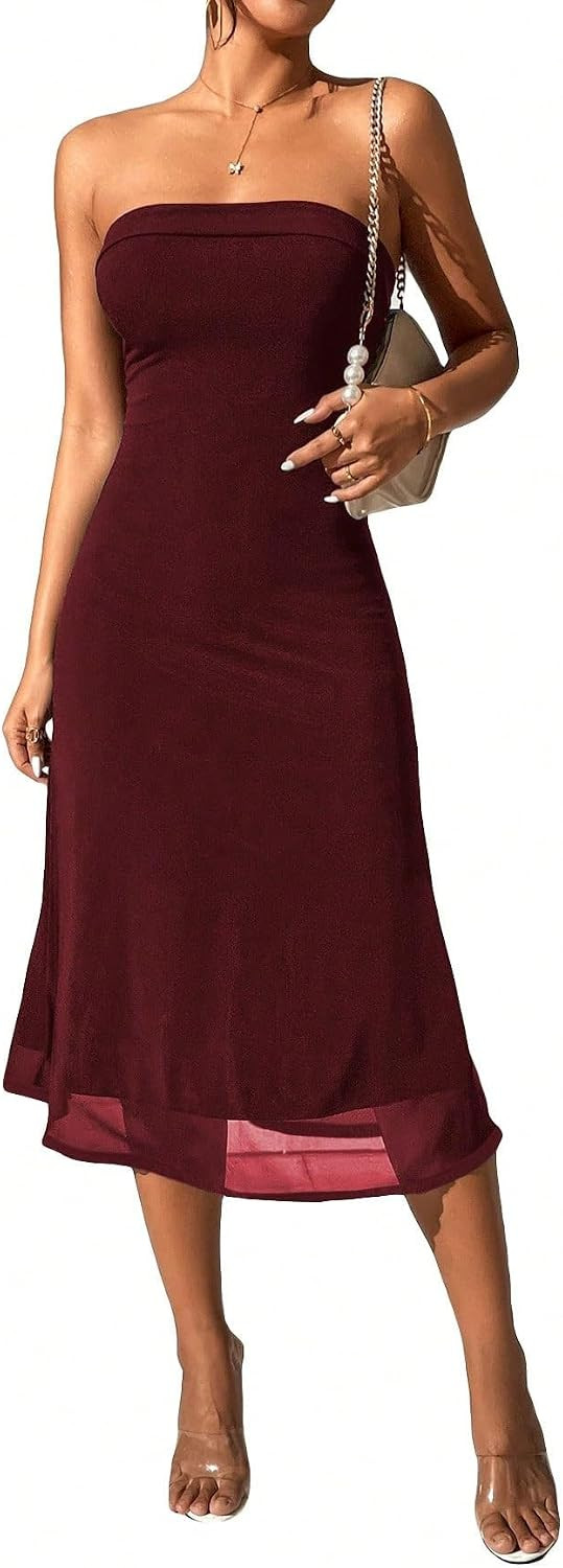 SOLY HUX Women's Strapless Tube Midi Dress Wedding Guest | Amazon (US)