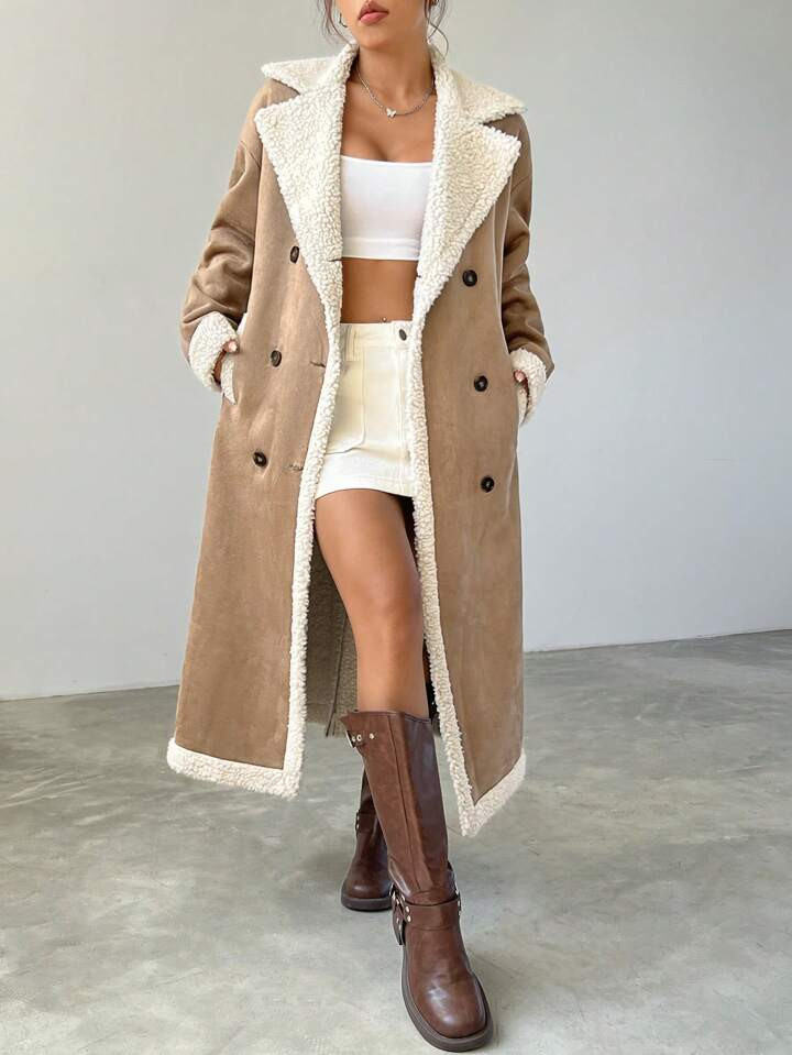 SHEIN EZwear Women's Brown Plaid Plush Turn-Down Collar Double Breasted Coat | SHEIN