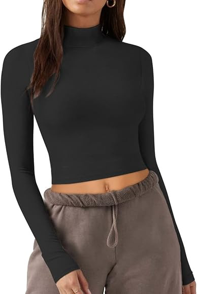REORIA Women's Cute Mock Turtleneck Long Sleeve Ribbed Tight Tshirts Crop Tops | Amazon (US)