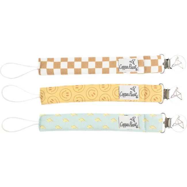 Pacifiers | Vance Printed Binky Clips w/ Knit Strap, Multicolors (Pack of 3) (Yellow) Copper Pearl | Maisonette | Maisonette