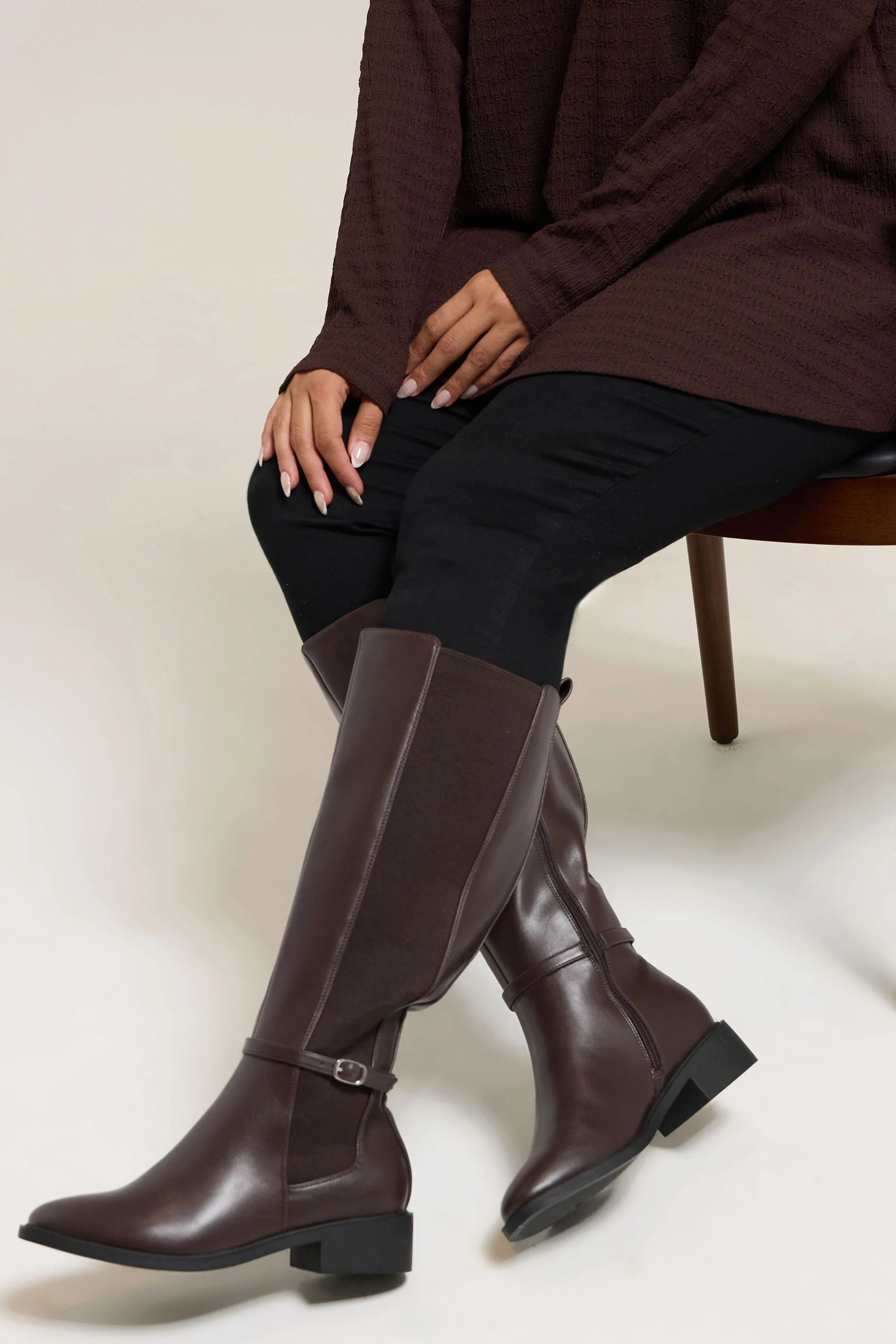 Brown Faux Leather Buckle Knee High Riding Boots In Extra Wide EEE Fit | Yours Clothing UK