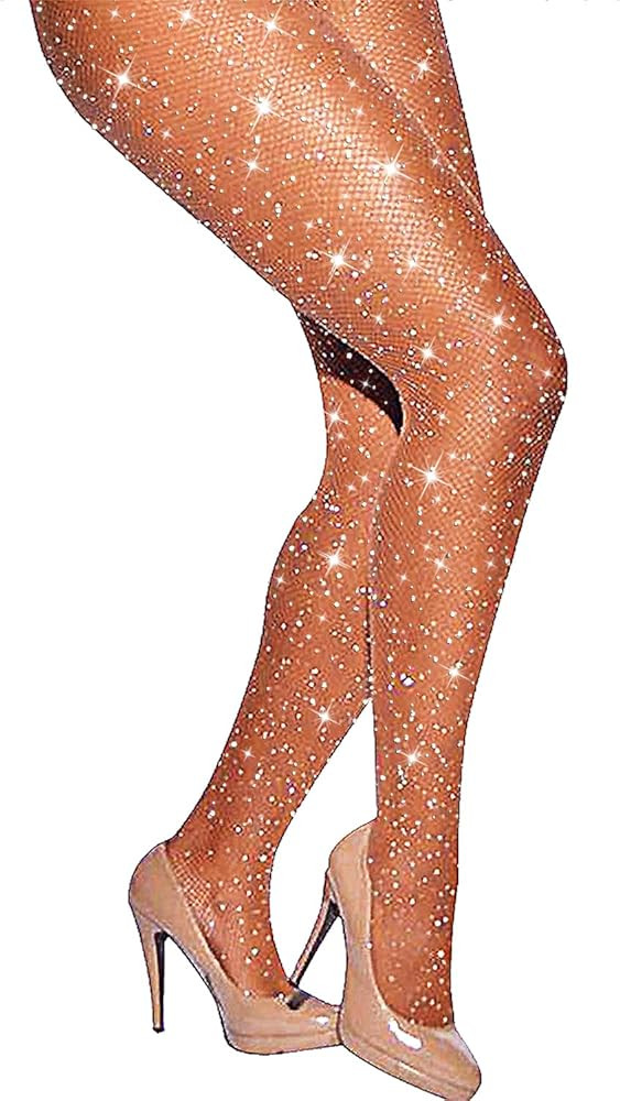 LUCKELF Sexy High Waist Tights Sparkle Rhinestone Fishnets Party Rhinestone Mesh Stockings | Amazon (US)