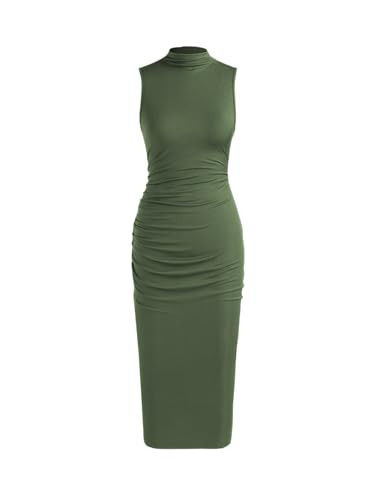 CIDER Bodycon Dresses for Women Mock High Neck Sleeveless Ruched Dresses Summer Cocktail Work Midi Dress Trendy Matcha Green | Amazon (US)