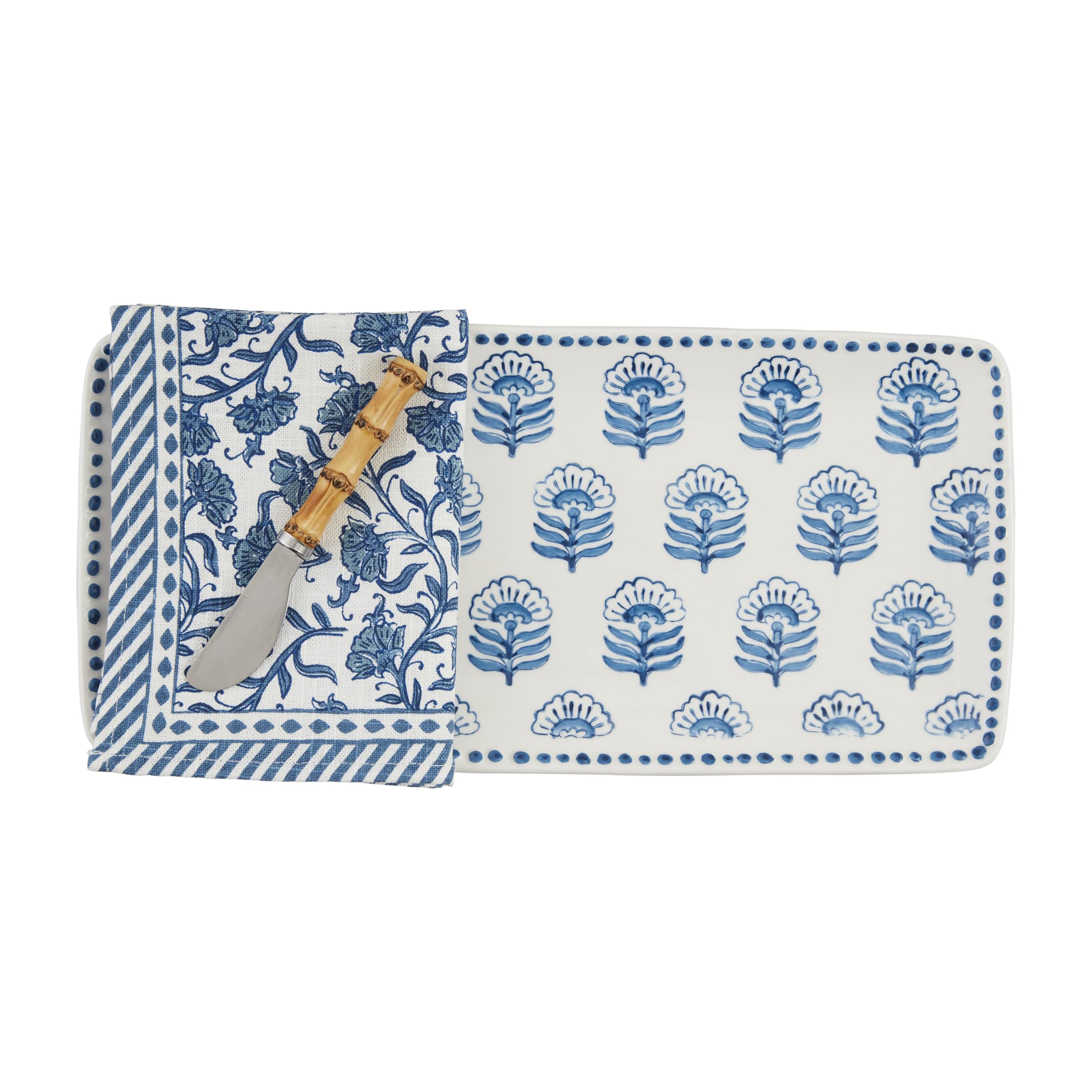 Mud Pie Block Print Tray And Towel; tray 6 1/2" x 14" | spreader 5 1/2" | towel 21" x 14" | Amazon (US)
