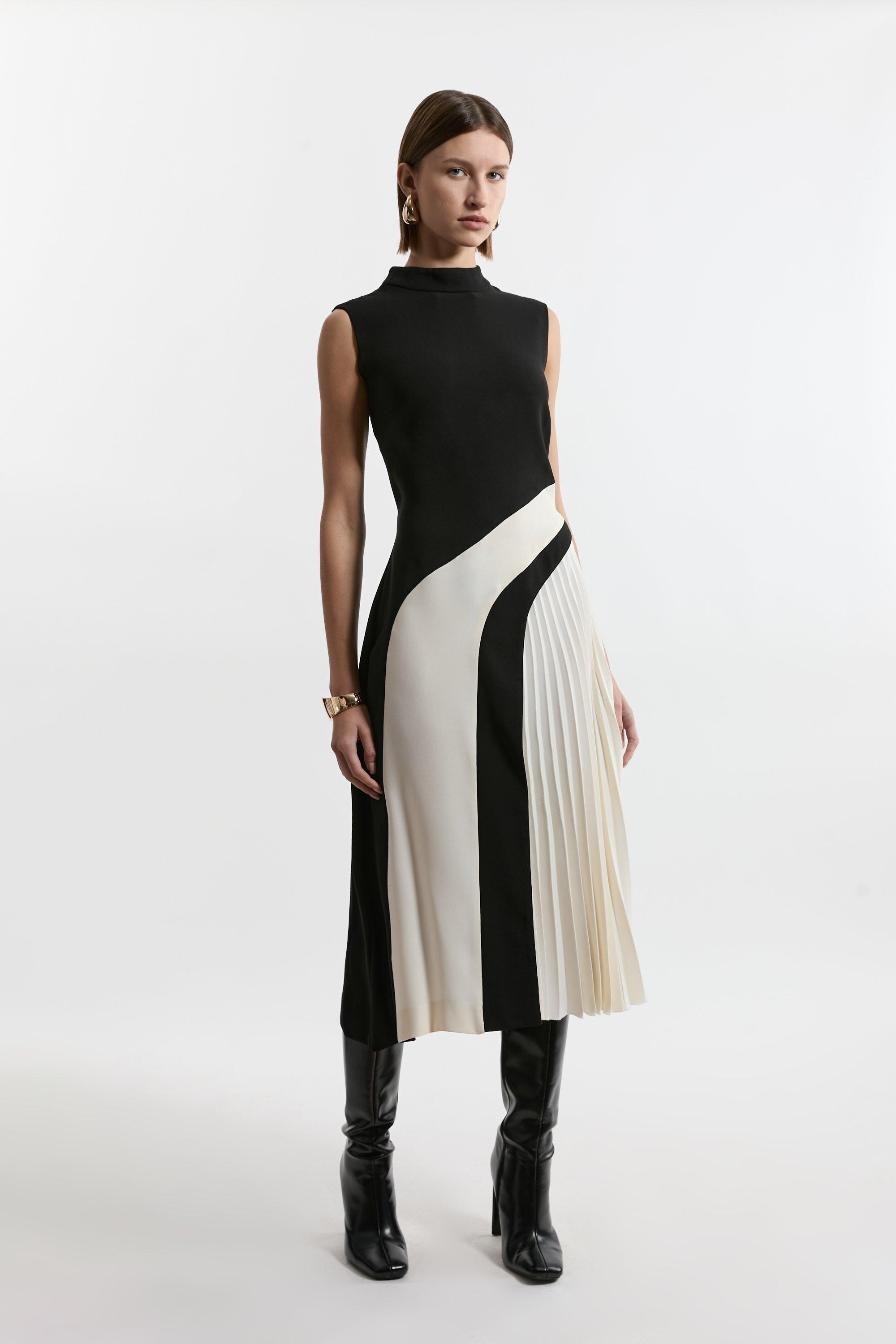 Petite Fluid Tailored Color Block High Neck Pleated Midi Dress | Karen Millen US
