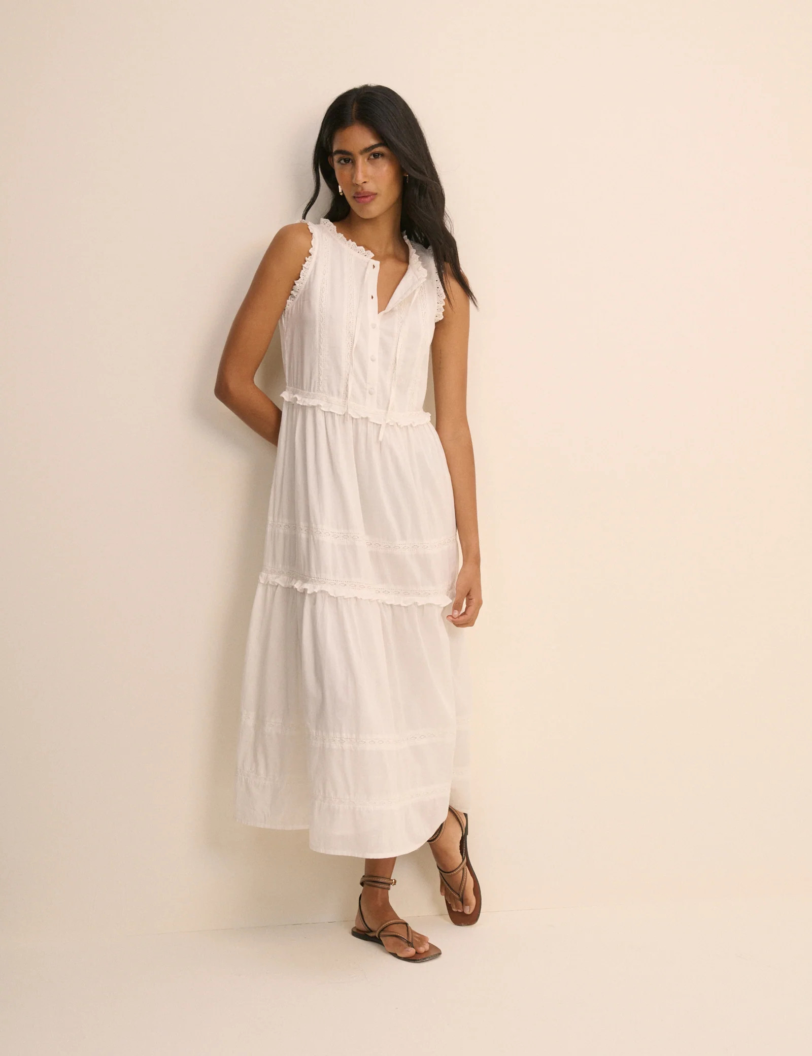 White Ruffle Trim Tiered Penelope Midi Dress | Nobody's Child