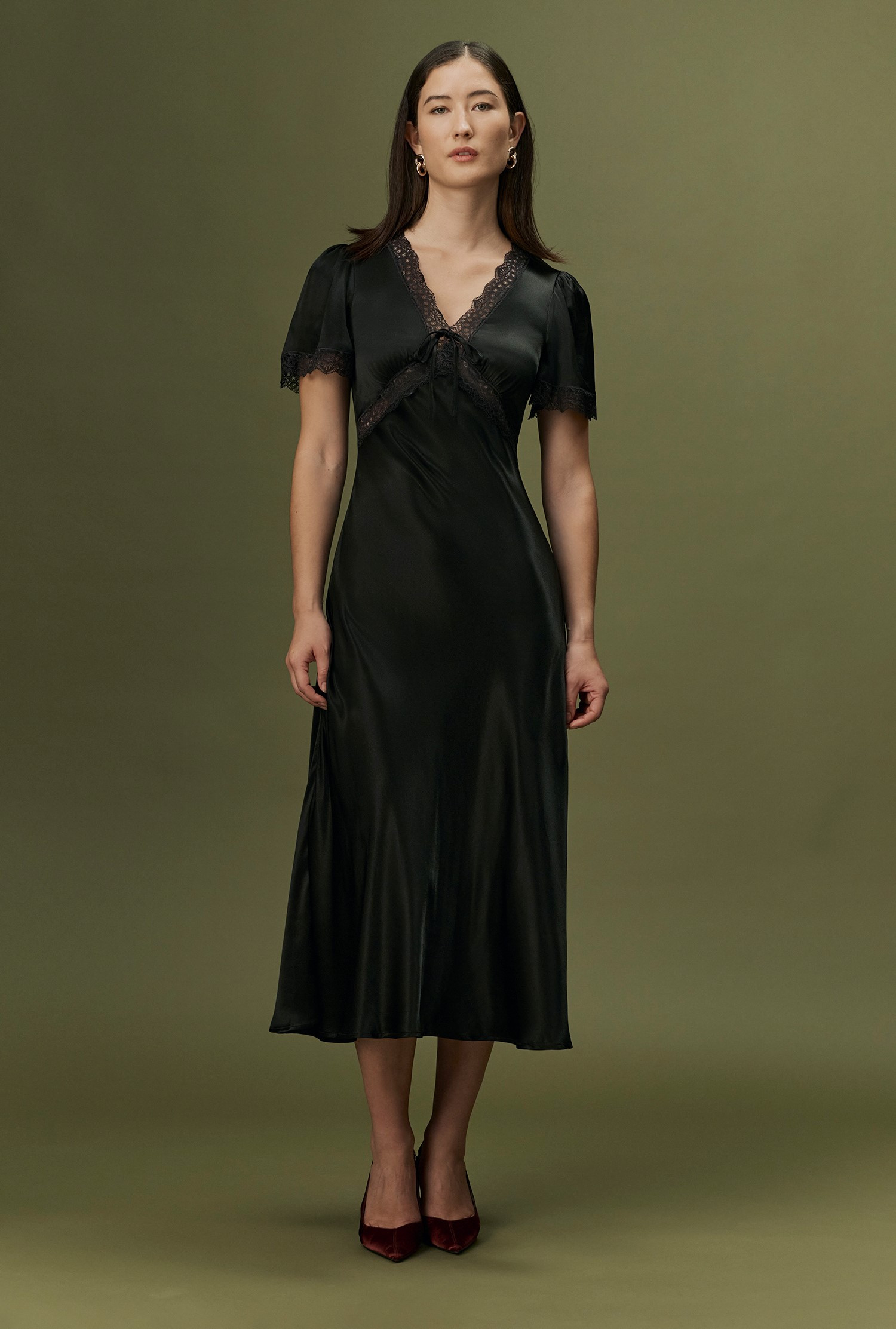 Olive Satin Midi Dress | Ghost