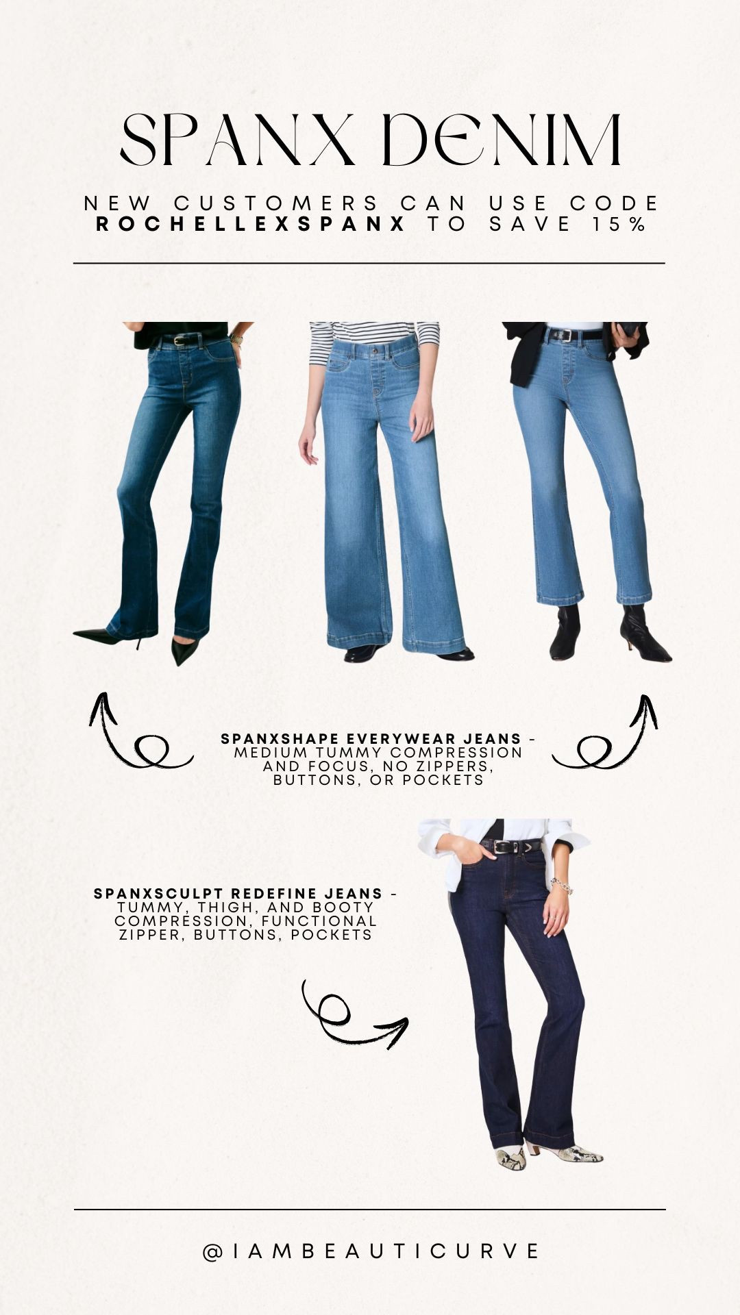 These are some of my all time favorite jeans! The Spanxsculpt Redefine
 Flares and the Spanxshape Everywhere Jeans (wide leg) @spanx #spanxpartner 
Use my code Rochellexspanx to save 15% off for new customers


#LTKWorkwear #LTKPlusSize #LTKStyleTip