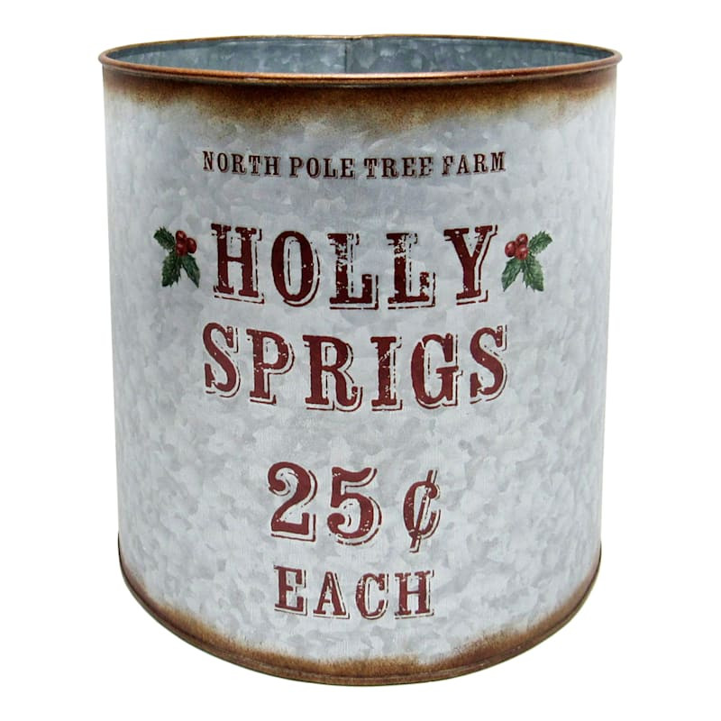 Homespun Holiday Small Holly Sprigs Galvanized Metal Container, 10" | At Home
