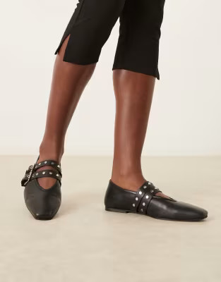 ASOS DESIGN Lava premium chisel toe mary jane ballets in black leather | ASOS (Global)