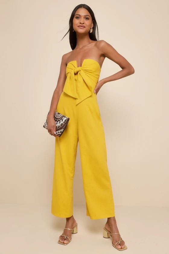 Sunshine Aura Mustard Yellow Tie-Front Strapless Jumpsuit | Lulus