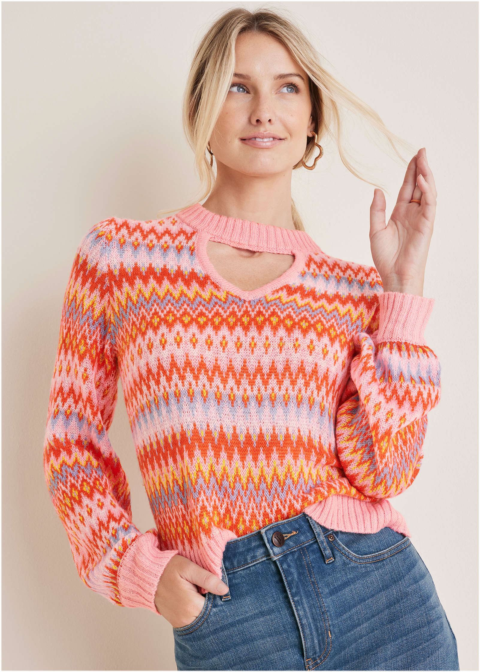 Fair Isle Mock Neck Sweater - Peach Dust | VENUS