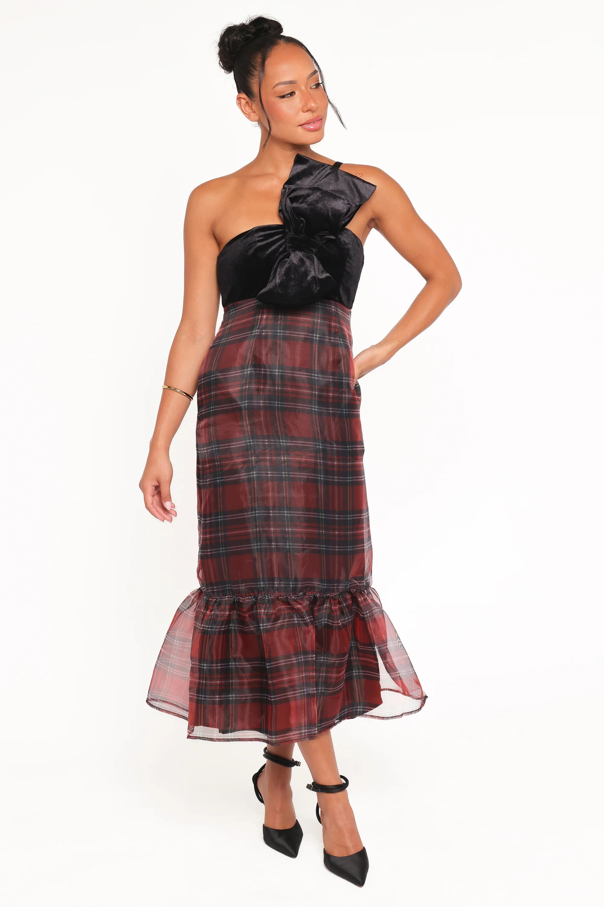 Amelie Bow Front One Shoulder Midi Dress - Red Plaid | Petal & Pup (US)