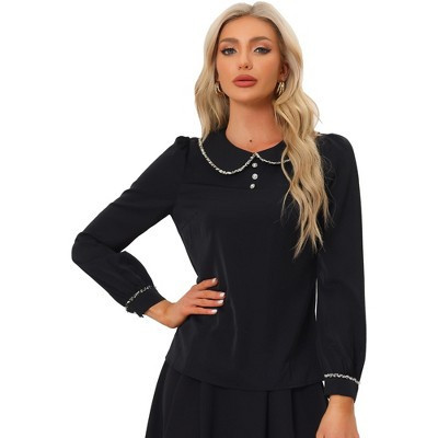 INSPIRE CHIC Women's Button Decor Contrast Trim Peter Pan Collar Office Work Top Black X-Small | Target