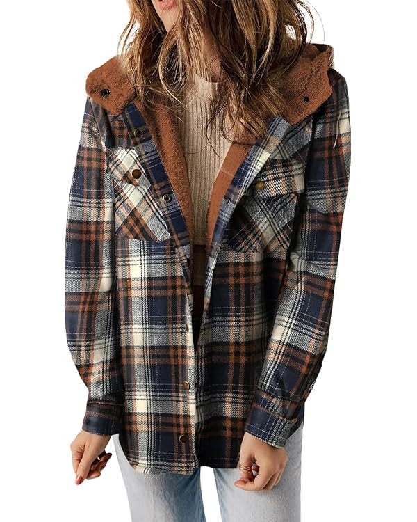 Dokotoo Womens Plaid Shacket Jacket Long Sleeve Button Down Fleece Hooded Jackets Warm Coat | Amazon (US)