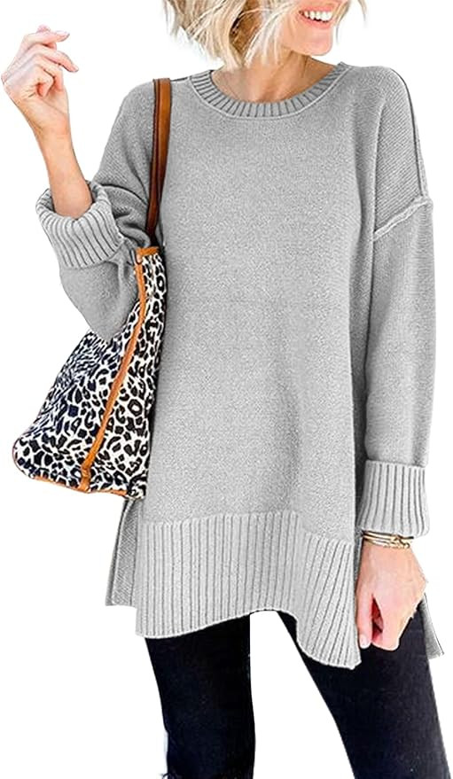 VTSGN Women's Crewneck Sweater Long Sleeve Side Slit Loose Knit Pullover Jumper Tunic Tops | Amazon (US)
