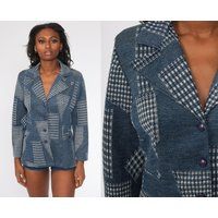 Plaid Blazer Checkered Jacket 70S Blue Denim-Look Houndstooth Hippie Boho Button Up 1970S Polyester  | Etsy (US)