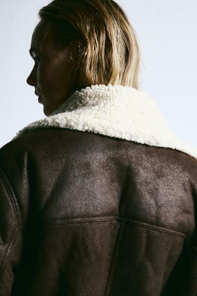Oversized teddy-lined jacket - Dark brown - Ladies | H&M GB | H&M (UK, MY, IN, SG, PH, TW, HK)